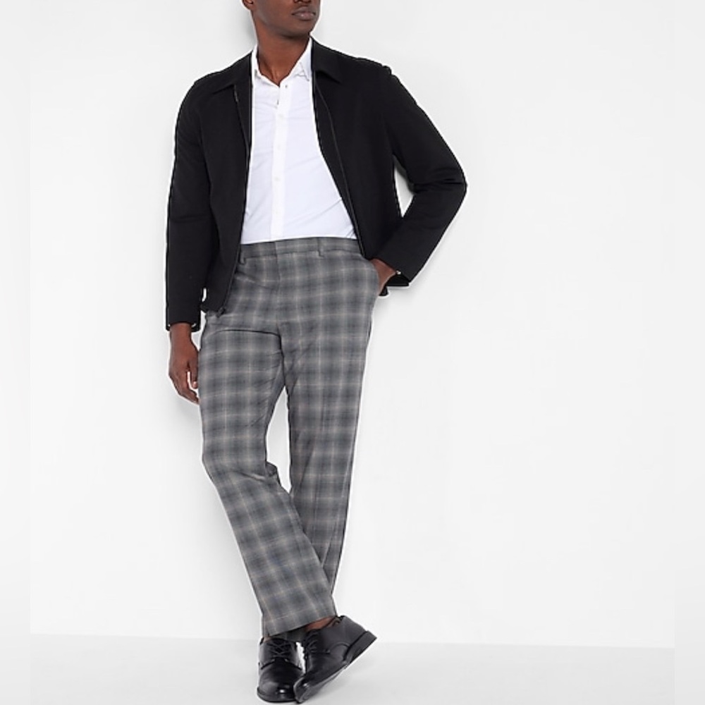 Slim, gray plaid wool-blend modern tech suit pants 28x30